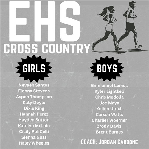 EHS Cross Country list of athletes and a boy and girl running in the image